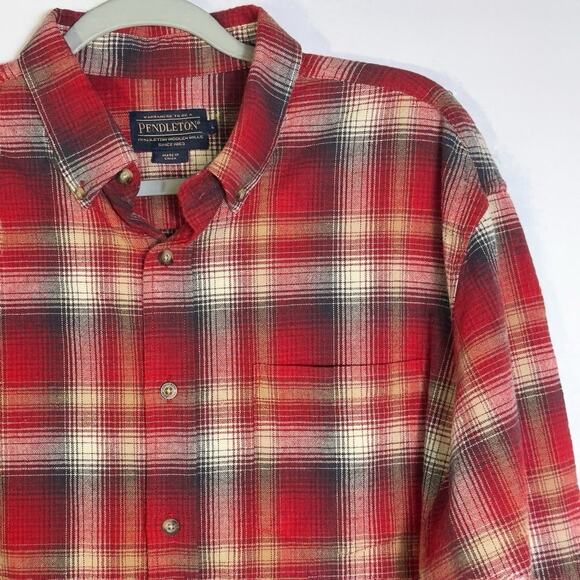 Pendleton Men’s L Red Plaid Long Sleeve Button Front Flannel Shirt 100% Cotton - Picture 1 of 10